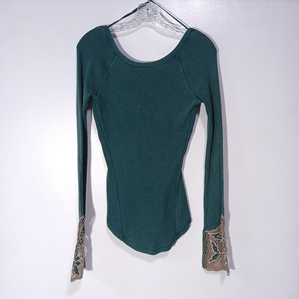 Free People Green Long Sleeve Top with Lace Cuffs